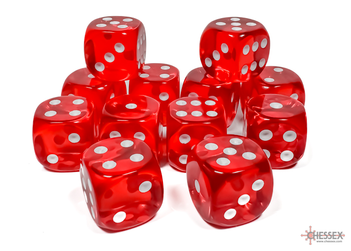 Translucent Red/white 16mm d6 Dice Block (12 dice) - CHX23604